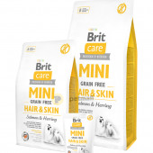 Пълноценна суха храна Brit Care Mini Grain Free Hair & Skin за красива козина и здрава кожа, със сьомга и херинга